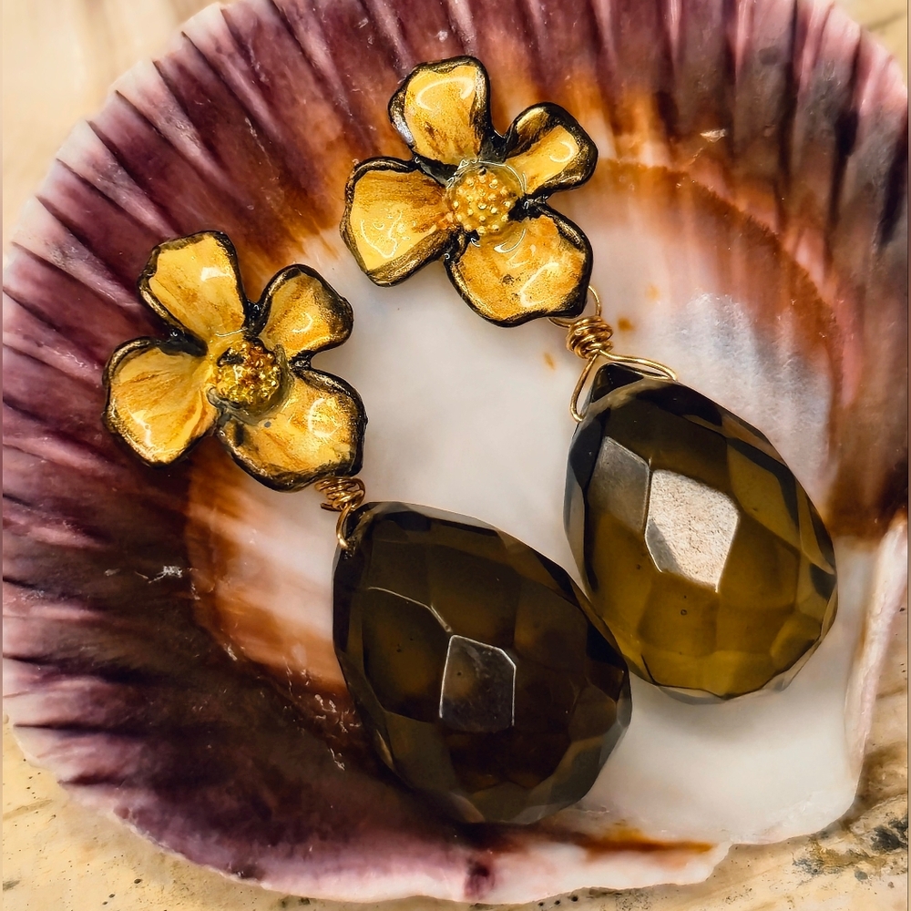 Handpainted Brown Flowers & Smoky Quartz In Chunky Artisan Gold Plated Earrings